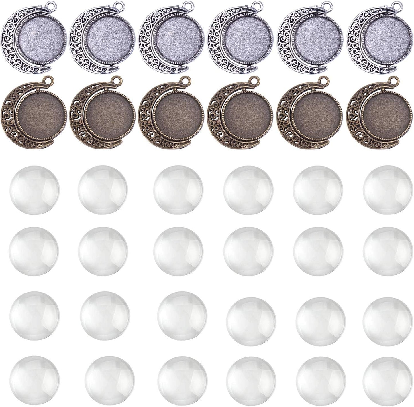 Moon Rotation Double Side Pendant Trays Kits in Box, 12 Pieces Pendant Tray with 24 Pieces Glass Cabochons Clear Dome 18Mm Blank, 2 Colors Bezels