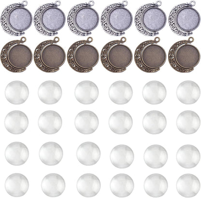 Moon Rotation Double Side Pendant Trays Kits in Box, 12 Pieces Pendant Tray with 24 Pieces Glass Cabochons Clear Dome 18Mm Blank, 2 Colors Bezels