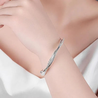 925 Sterling Silver Original Pretty Weave Bangles Bracelet for Women Fashion Party Wedding Engagement Jewelry Adjustable - WORLD TIME VISITS