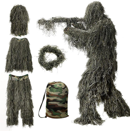 5 in 1 Ghillie Suit, 3D Camouflage Hunting Apparel W/Jacket, Pants, Hood, Carry Bag for Adults/Youth, S/M/L/XL/XXL