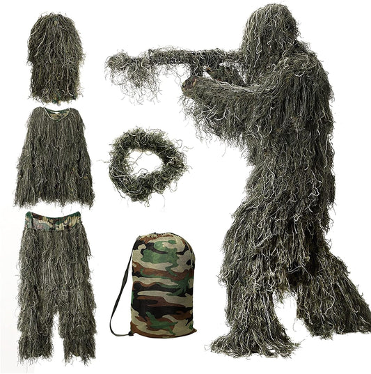 5 in 1 Ghillie Suit, 3D Camouflage Hunting Apparel W/Jacket, Pants, Hood, Carry Bag for Adults/Youth, S/M/L/XL/XXL
