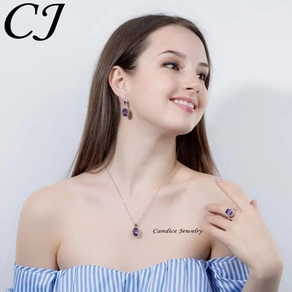 CANDICE Romantic round Shaped Purple Crystal Sterling Silver Plated Jewelry Set for Party Necklace Earrings Ring Sets（Us 6-9)