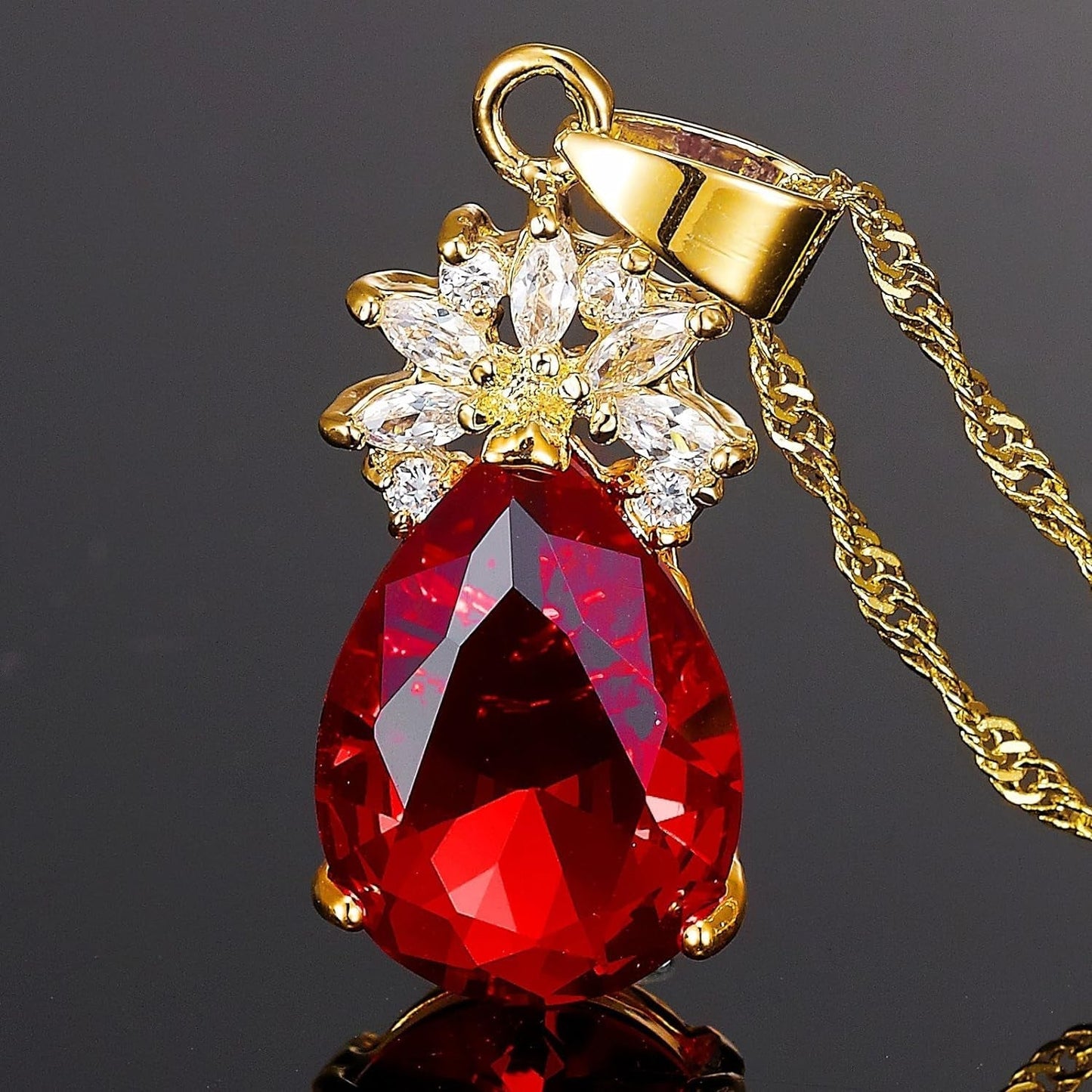 Pendant with 18" Chain & Pear Cut CZ [5 Colors Available] in Yellow Gold Plated, Simple Modern Elegant