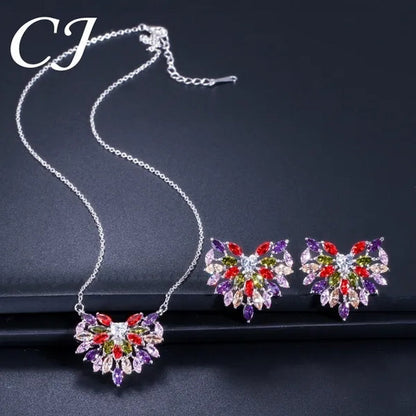 CANDICE New Fashion Women Heart Pendant Jewelry Set Pave Purple Red Green Marquise Cubic Zirconia Party Chain Necklace Big Stud Earrings Sets for Girls Gift