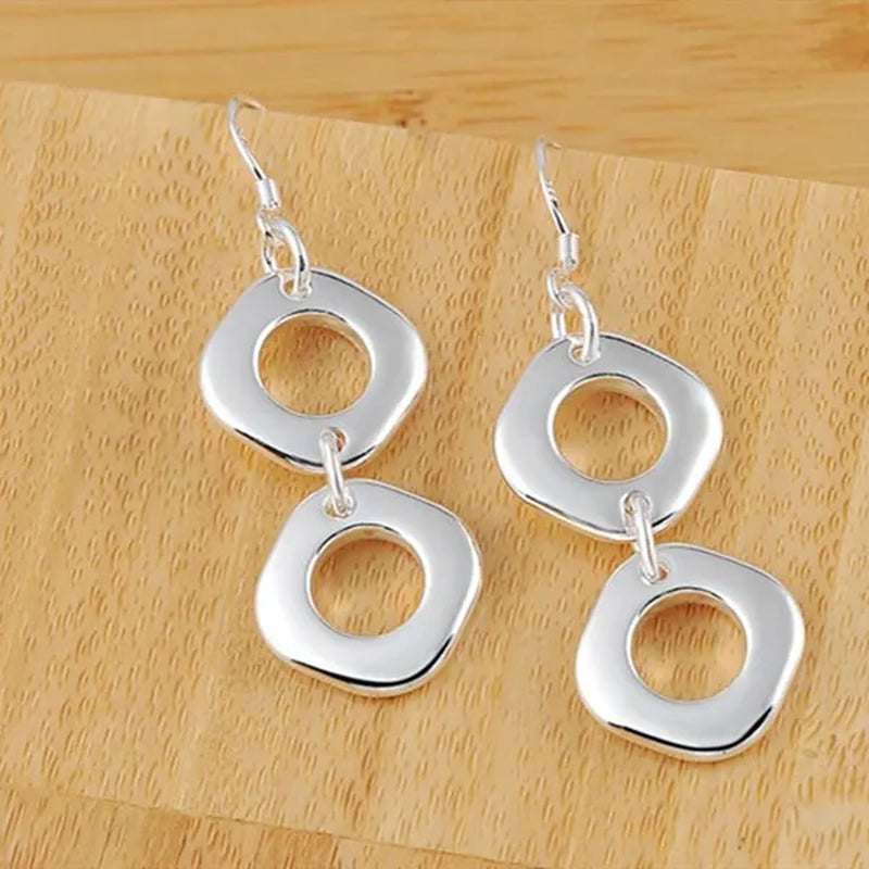 925 Sterling Silver Classic Square Geometric Pendant Necklace Bracelet Drop Earrings Fashion Jewelry Set