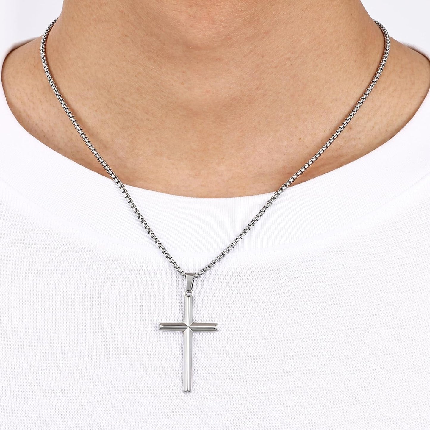 Beveled Edge Cross Necklace for Men, Silver Tone/Black/14K Gold Plated Mens Cross Necklace, 2.5MM Stainless Steel Box Chain with Pendant