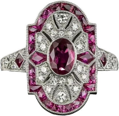 Art Deco Vintage Oval Cut Ruby & Lab Created Diamond 925 Silver Engagement Ring - WORLD TIME VISITS