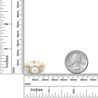 18K Yellow Gold Plated Silver Cultured Freshwater Pearl Ring Set with Moissanite | 1.26 Cttw | Gemstone Birthstone | Available in Size 5, 6, 7, 8, 9