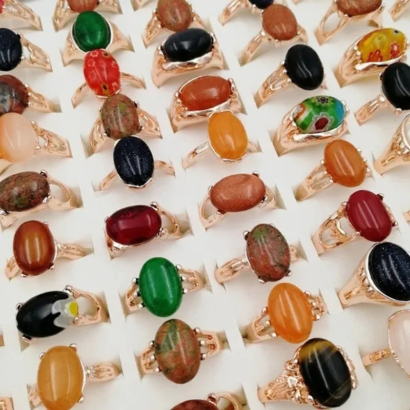 Mixed Wholesale 20Pcs/Gold-plated Natural Gem Ring Printing Rose-gold Women's Jewelry