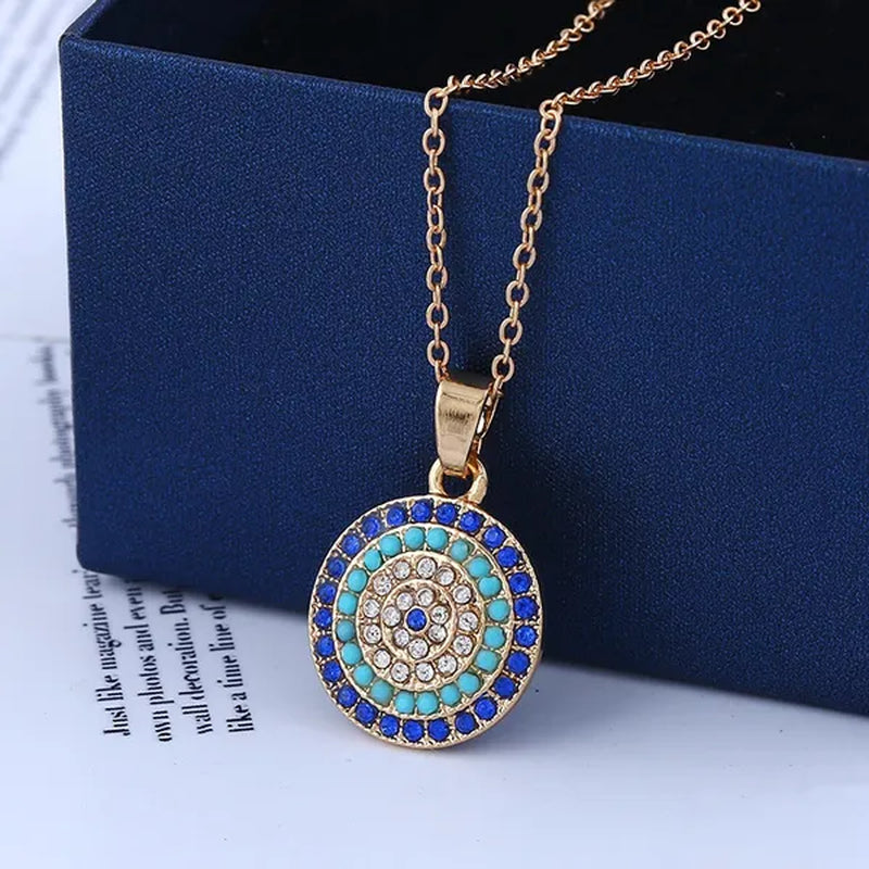 4 Pieces Set Round Turkish Blue Evil Eye Necklace Earring Bracelet Ring Fashion Rhinestone Eye Necklace Bracelet Ring Earrings Set for Women Jewelry