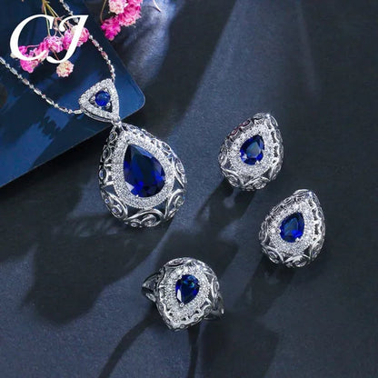 CANDICE Elegant Stamp Sterling Silver Plated Women Jewelry Set Pear Drop Red Cubic Zirconia Necklace Earring Ring 3Pcs Sets