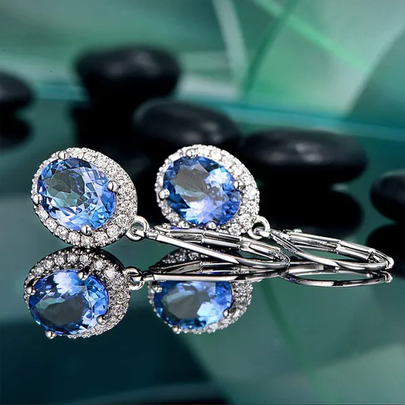 Exquisite 4 Prong Setting Oval Blue Sapphire Side Micro Inlay Diamond Drop Earring for Women Engagement Wedding Jewelry