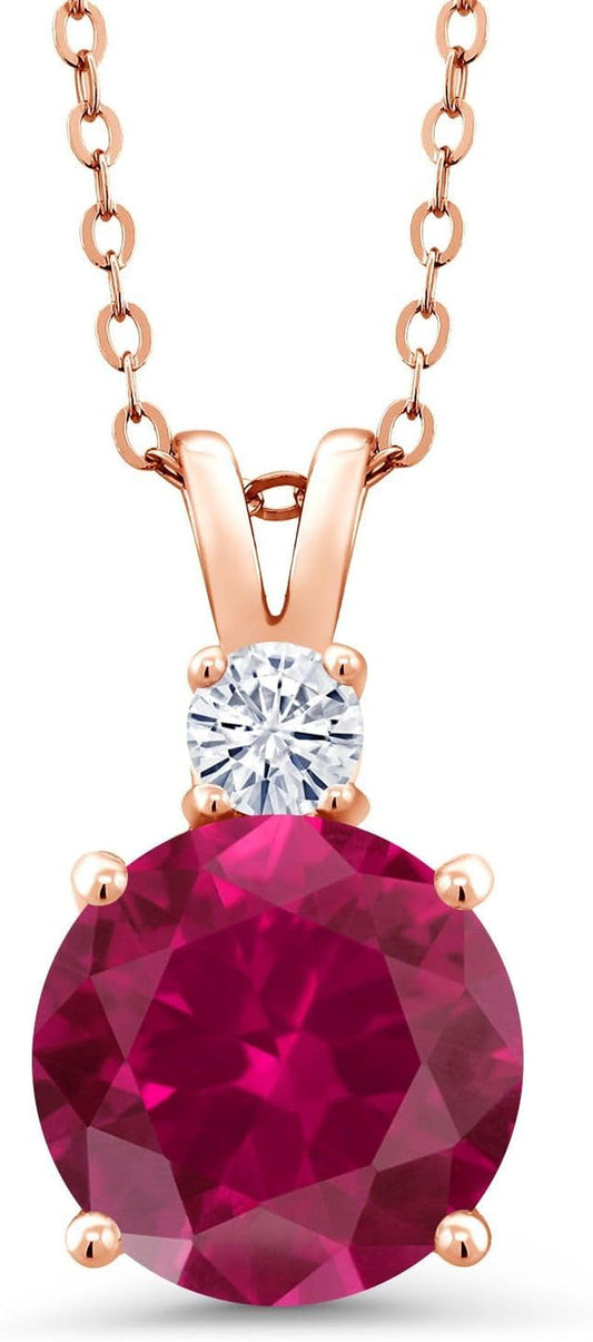 18K Rose Gold Plated Silver Red Created Ruby and White Moissanite Pendant Necklace for Women (4.16 Cttw, round 10MM, with 18 Inch Chain)