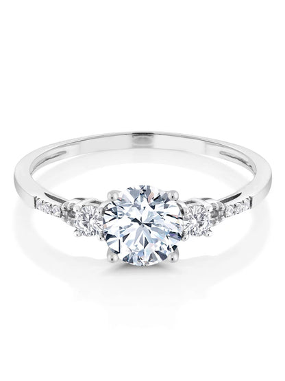 10K White Gold White Created Sapphire and White Diamond Accent 3-Stone Engagement Ring for Women (1.35 Cttw, round 6MM, Gemstone September Birthstone, Size 9)