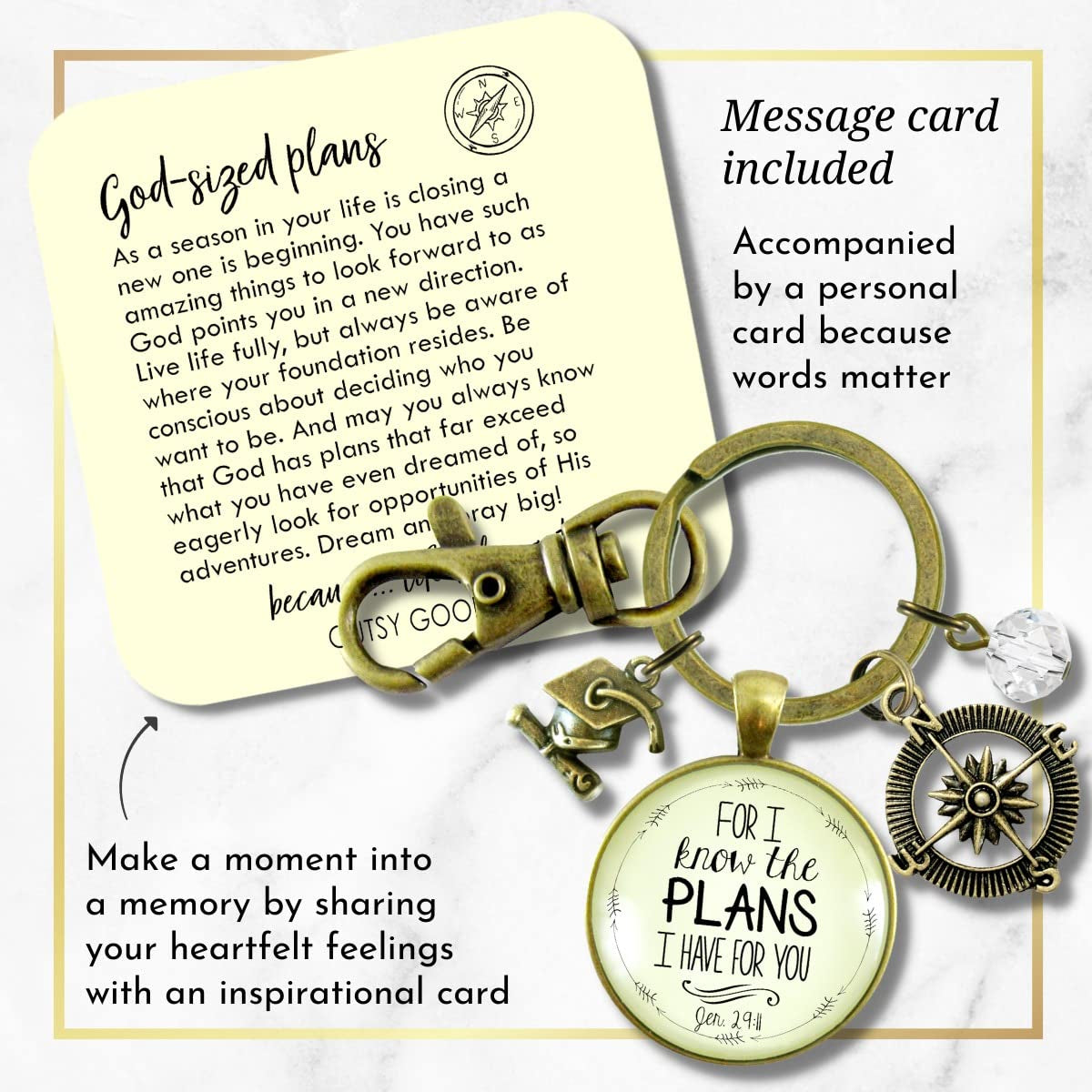 Graduate for I Know Plans Womens Keychain Boho Bronze Faith Jewelry Gift Key Ring - Handmade Pendant Religious Verse Jeremiah 2911 Graduation Tassel Cap Charm & Bead, Ready to Gift Message Card & Box - WORLD TIME VISITS