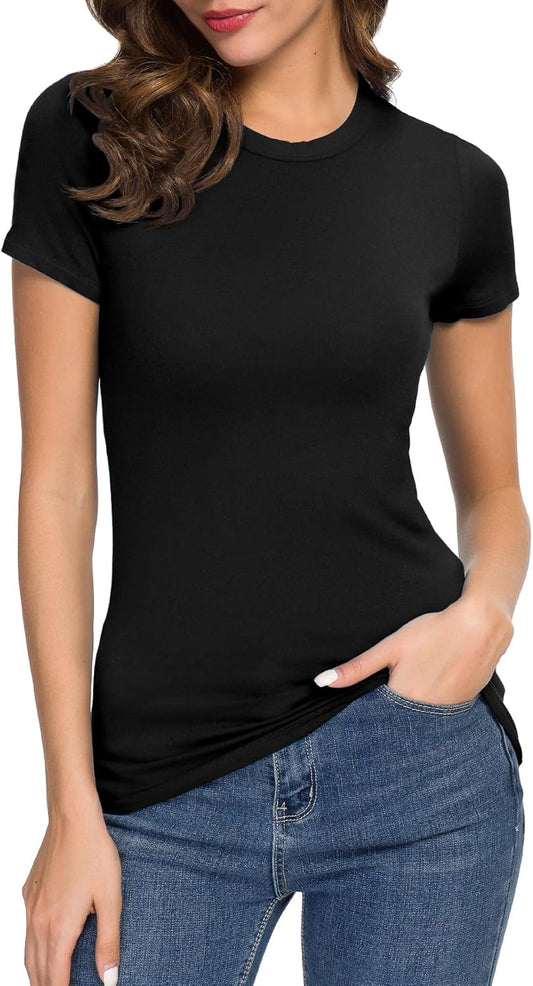 Women'S Crewneck Slim Fitted Short Sleeve T-Shirt Stretchy Bodycon Basic Tee Tops - WORLD TIME VISITS