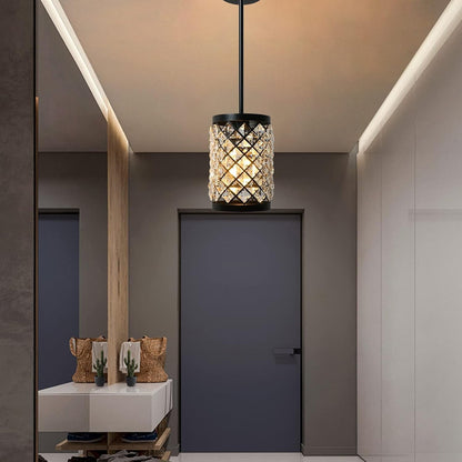 Modern Black Crystal Pendant Light, Industrial 1-Light Small Hanging Glass Ceiling Lamp Crystal Chandelier for Kitchen Island Sink Dining Living Room Bedroom Entryway