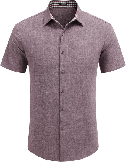 Mens Linen Shirt Short Sleeve Button down Shirts Casual Plaid Collar Summer Beach Shirts