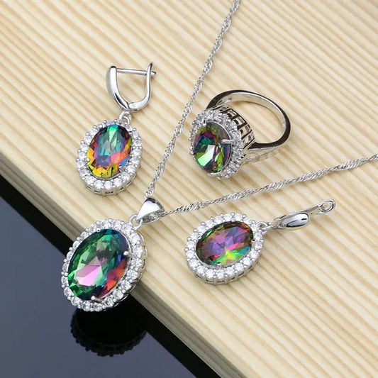Mystic Rainbow Fire Topaz Jewelry Sets Women 925 Sterling Silver Jewelry Earrings/Pendant/Necklace/Rings/Bracelet - WORLD TIME VISITS