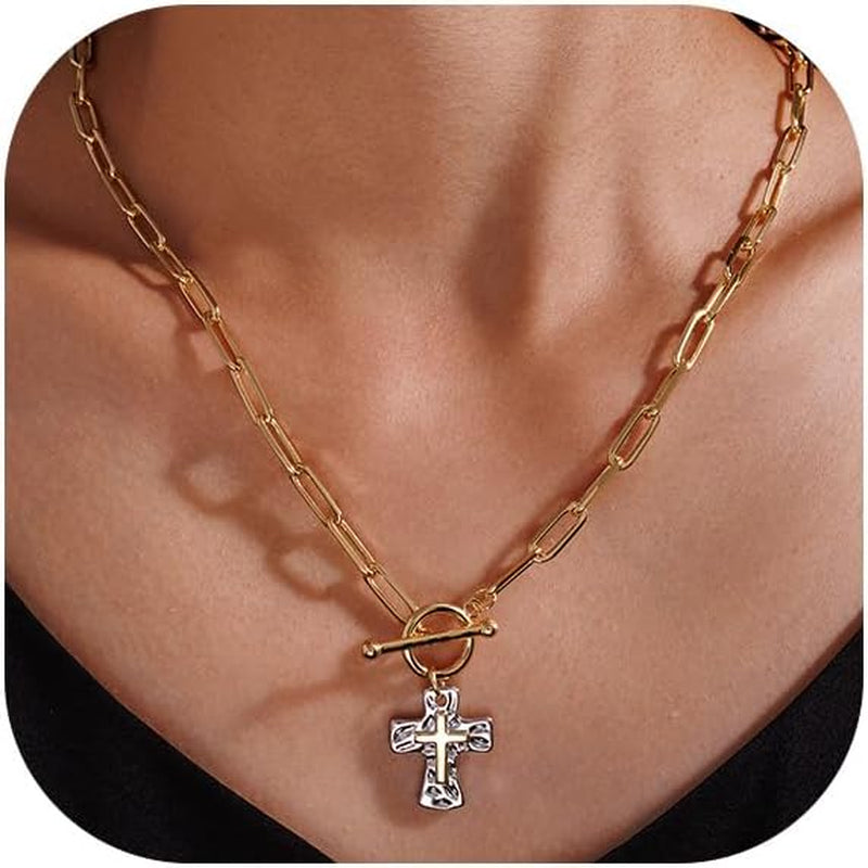 Chunky Cross Necklace for Women, 14K Gold/Silver Plated Statement Paperclip Chain Double Cross Pendant Necklaces Non Tarnish for Faith Religious Christian Jewelry Gifts - WORLD TIME VISITS