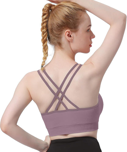 Cross Back Sports Bra for Women Padded Strappy Yoga Bra Medium Support Workout Bra for Athletic Gym Fitness 3 Pack