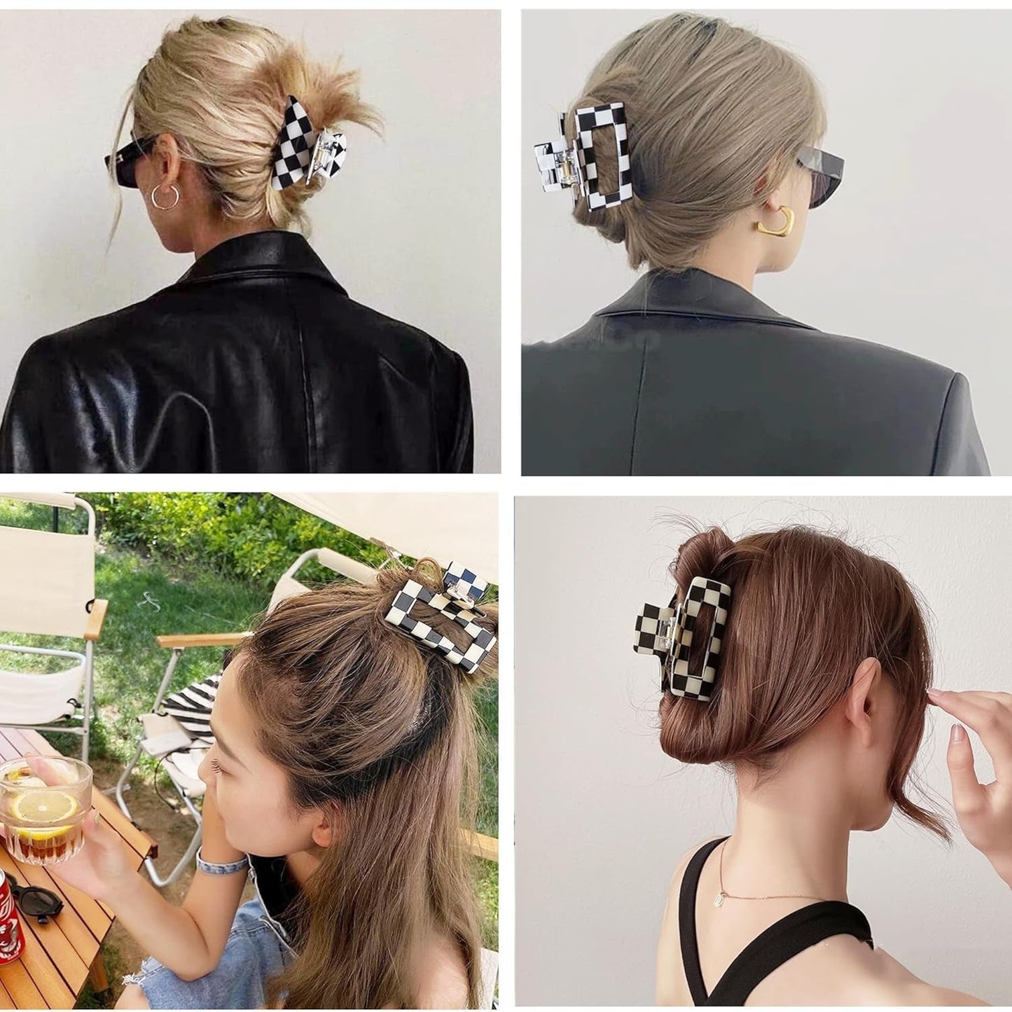 Womens Checkered Hair Clip Medium Checkered Claw Clips Black and White Jaw Clip,3Pack