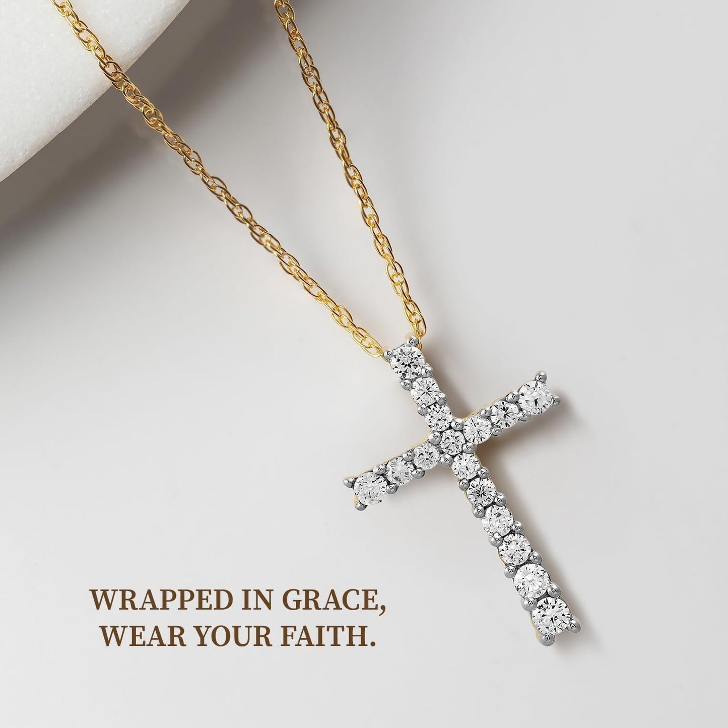 10K Yellow Gold Cross Pendant Necklace for Women | 1/2 CTTW Natural White round Diamonds | 18" Rope Chain | Luxury Jewelry with Gift Box | Timeless Fashion Jewelry Gift for Her