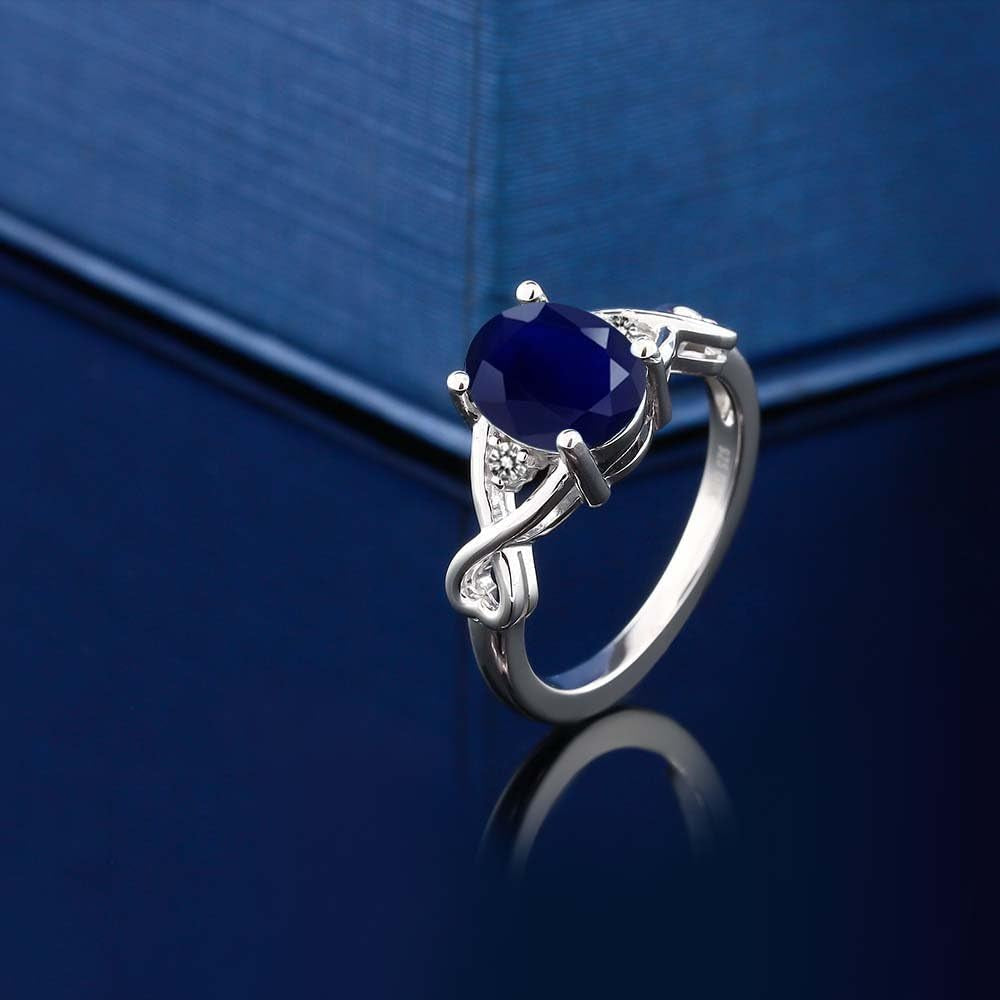 2.56 Cttw Blue Sapphire and White Diamond Engagement Ring for Women | 925 Sterling Silver | Gemstone Birthstone | Available in Size 5, 6, 7, 8, 9
