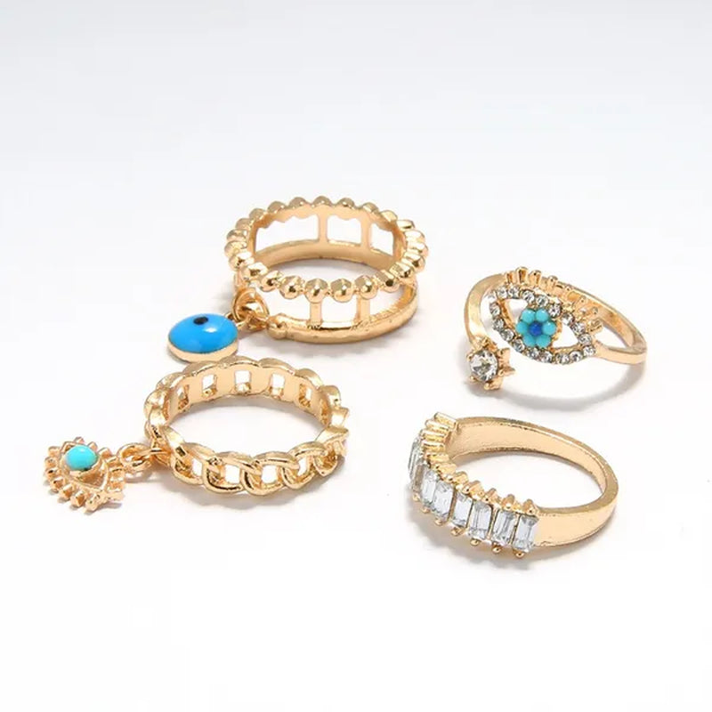 4 Pcs/Sets New Fashion Diamond Set Hollow Ring Vintage Evil Eye Finger Ring for Girl Women Jewelry Accessories