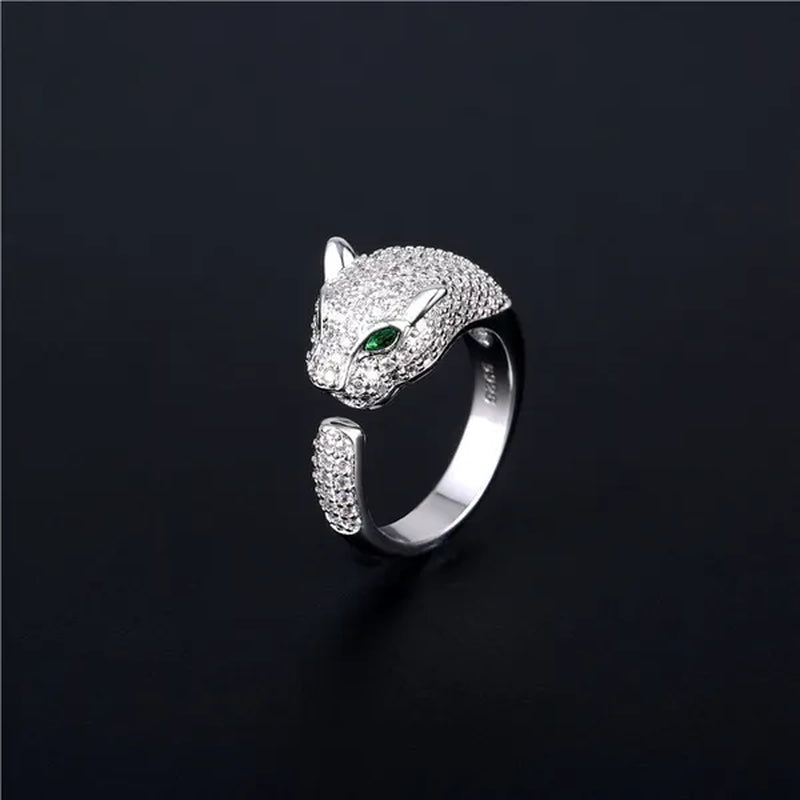 Fashion Rings Personality 925 Sterling Silver Plated Jaguar Rings with Green Rhinestone Eyes Animal