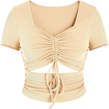 Women'S Summer Sexy Crop Top Ruched Y2K V Neck Slim Short Sleeve Casual Basic Knit T Shirt Workout Tops Khaki