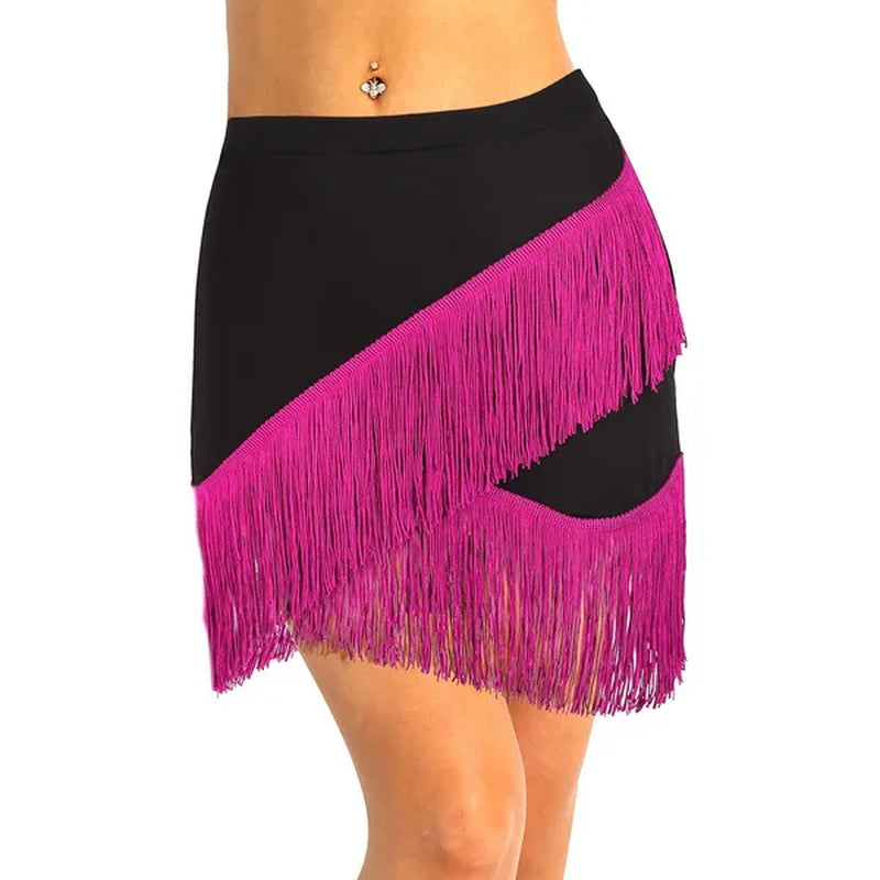 Women Adult Wear Elastic Waistband Fringe Flowing Tassels Latin Skirt Tango Rumba Dancewear