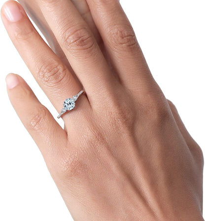 10K White Gold Sky Blue Topaz White Created Sapphire and White Diamond Accent 3-Stone Engagement Ring for Women (1.05 Cttw, round 6MM, Gemstone November Birthstone)