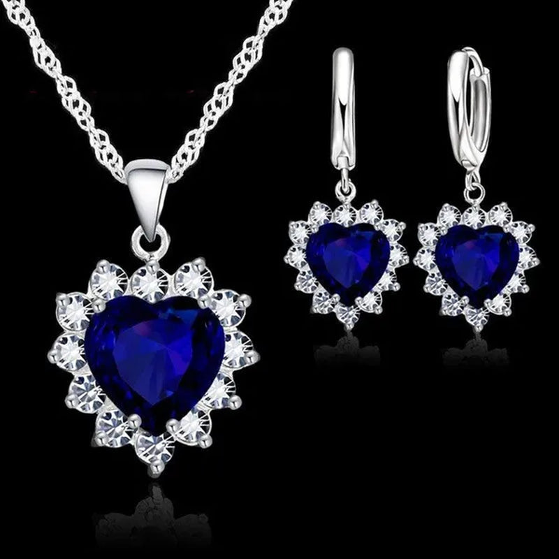 Trendy 925 Sterling Silver Jewelry Set for Women Heart CZ Stone Charm Pendants Necklaces Earrings LOVE Anniversary Gift - WORLD TIME VISITS