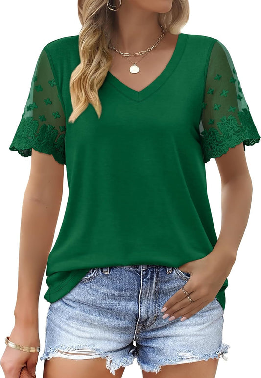 Casual V Neck T Shirts for Women Lace Short Sleeve Curved Hem Tops Loose Fit - WORLD TIME VISITS