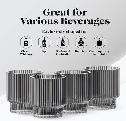 Vintage Art Deco Fluted Drinking Glasses, Set of 4 Modern Kitchen Glassware Set | Old Fashion Tumbler for Cocktails and Water | Ribbed Lowball Glass Cup for Whiskey (Smoke Grey)