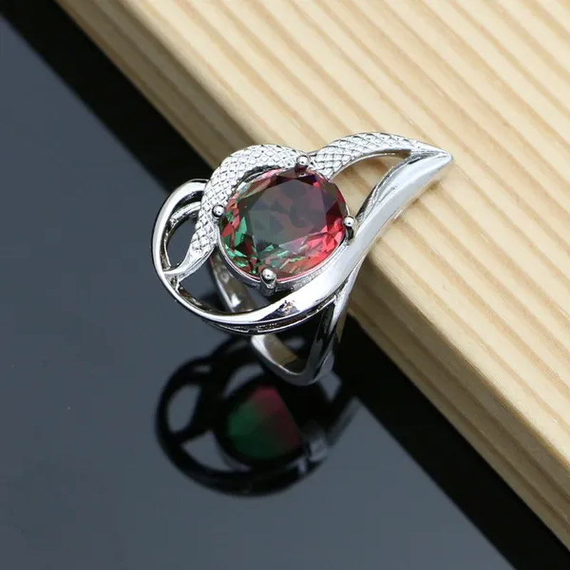 925 Silver Jewelry Sets for Women Rainbow Tourmaline Wedding Necklace Earrings Open Ring