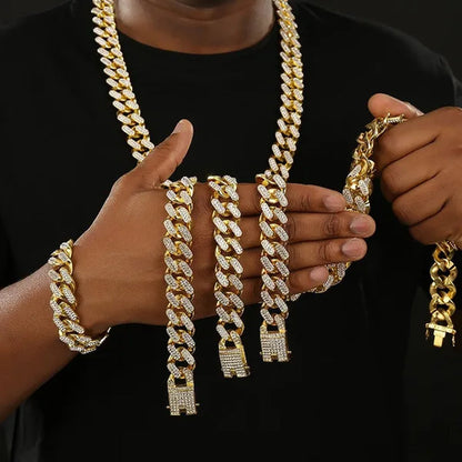 Men's Hip Hop Miami Necklace 24K Gold Plated 925 Silver 1/2PCS Necklace Bracelet Ice Sparkling Diamond Jewelry Cuban Link Chain 8/20/24/28inch