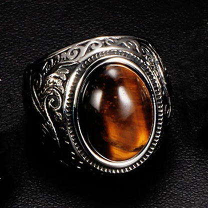 Vintage Men's Gemstone Ring Stainless Steel Single Turquoise Agate Tiger Eye Stone Rings Jewelry Gift for Men Women Boyfriend Girlfriend