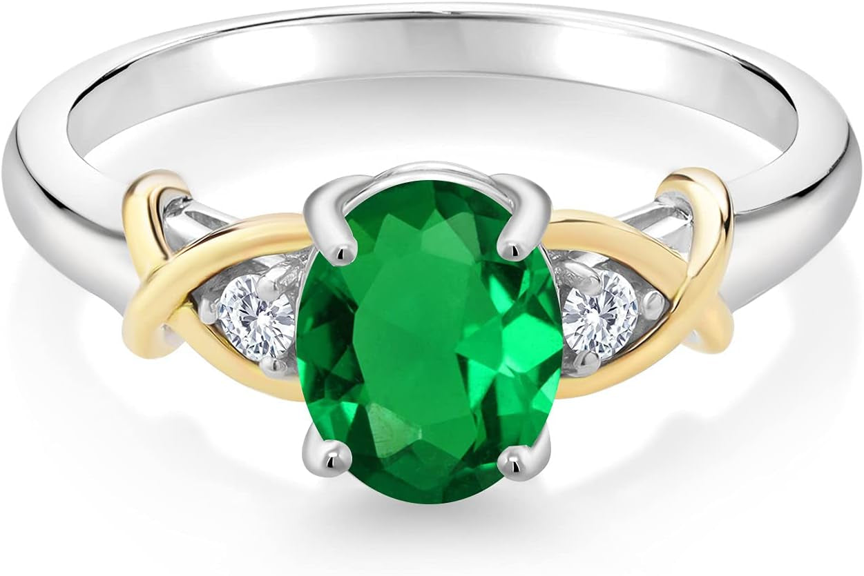 10K Yellow Gold and 925 Sterling Silver Green Nano Emerald and Lab Grown Diamond Engagement Ring for Women | 0.83 Cttw | Oval 8X6MM | Size 5-9