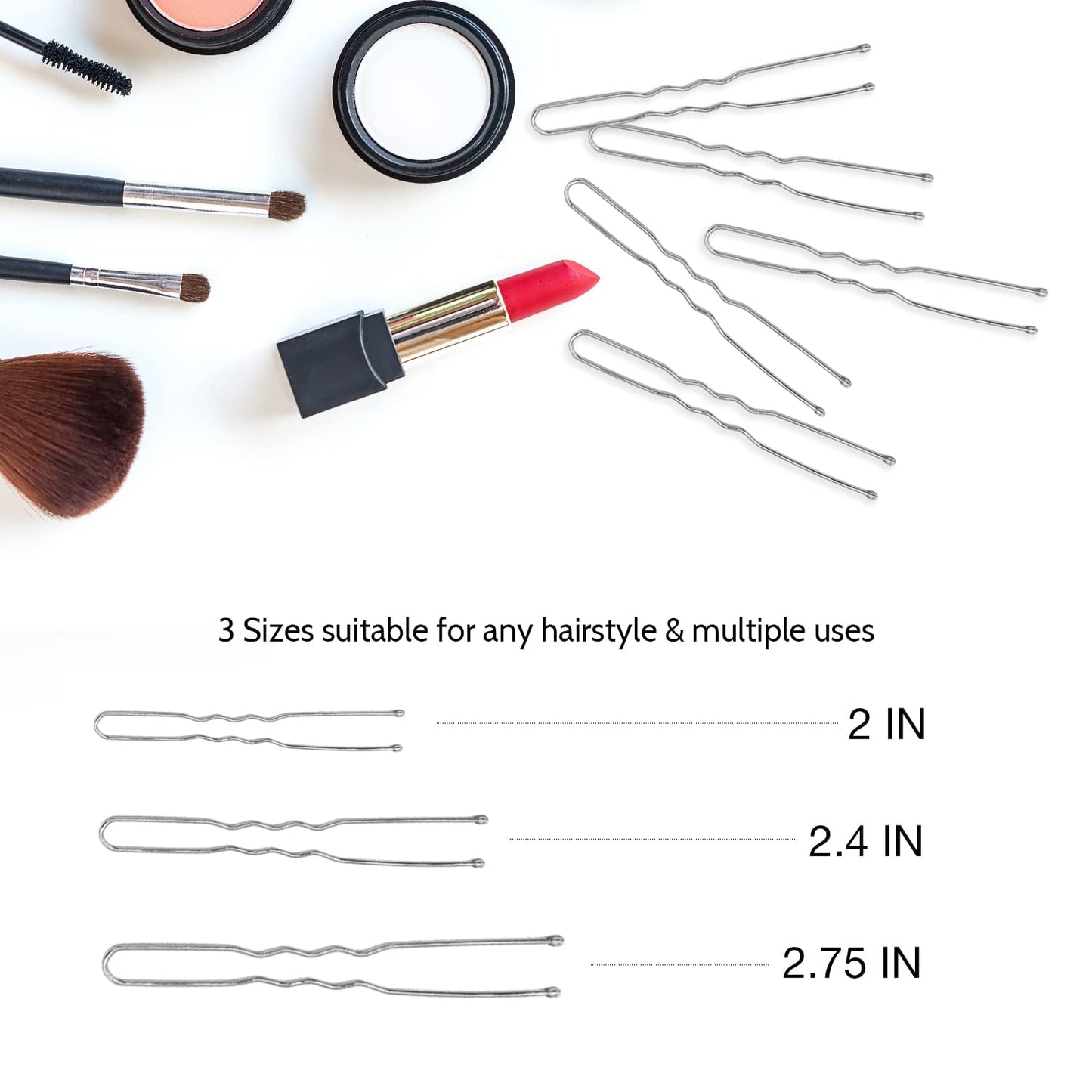 U Shaped Hair Pins, Assorted Size Hair Bobby Pins, Metal Curved Curly Bun Clips Crimped Design with Ball Tips for Women Girls Grips Hairstyle, 150 Count Bulk Pack (Silver)