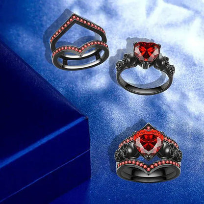 Gothic Black Rose Flower Skull Engagement Rings Set Red Purple Heart-shaped Zircon Crystal Wedding Anniversary Holiday Gift Jewelry Halloween Gifts