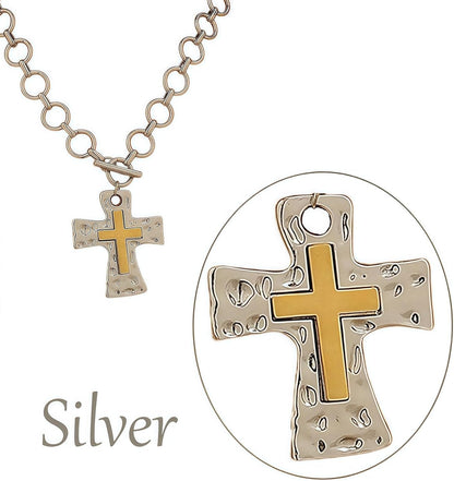 Gold Silver Chunky Cross Necklace for Women Men Layered Hammered Bold Vintage Toggle Clasp Religious Christian Statement Cross Pendant Choker Party Hallowmas Christmas Jewelry Gift