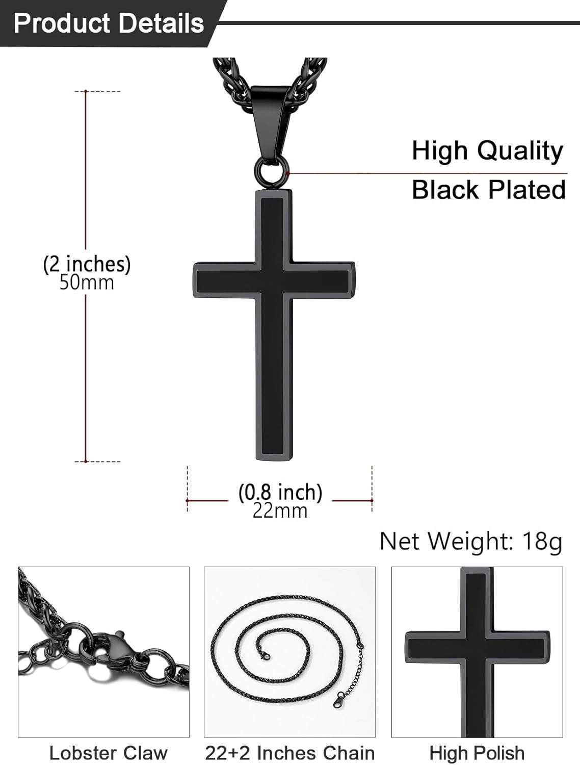 Cross Necklace for Men, Stainless Steel Silver Black Gold Mens Cross Necklace, 22-24 Inches
