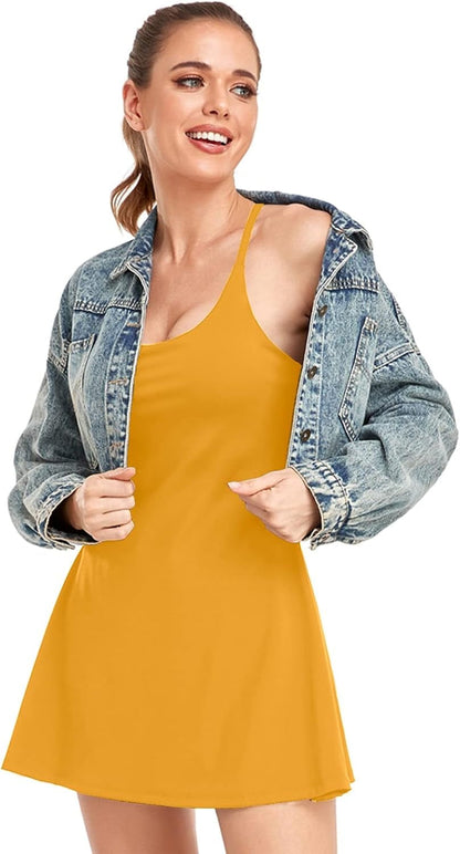 Womens Tennis Dress, Workout Dress with Built-In Bra & Shorts Pockets Exercise Dress for Golf Athletic Dresses for Women - WORLD TIME VISITS