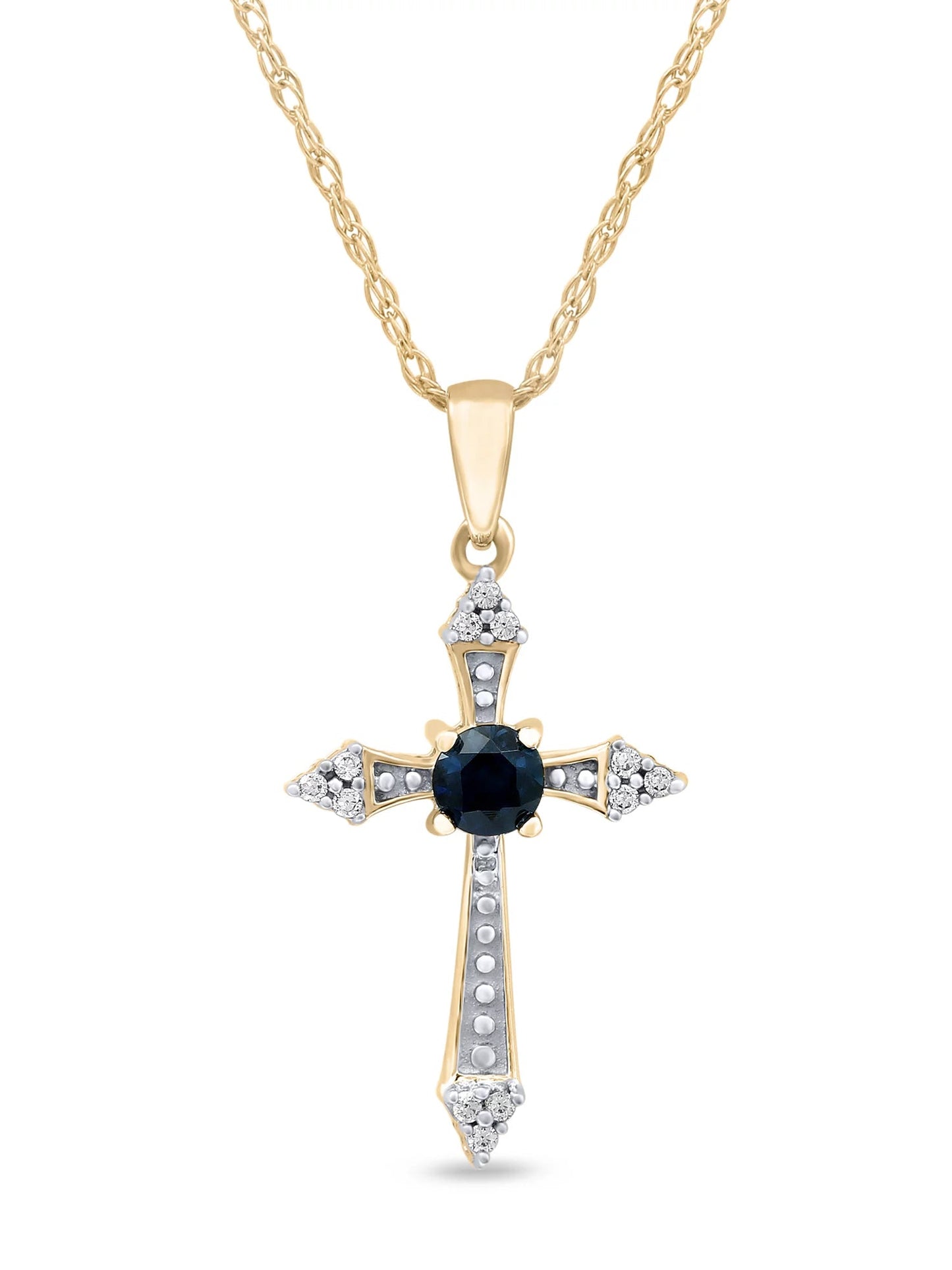 Gemstone 10K Yellow Gold round Cut Blue Sapphire Diamond Accent Cross Necklace