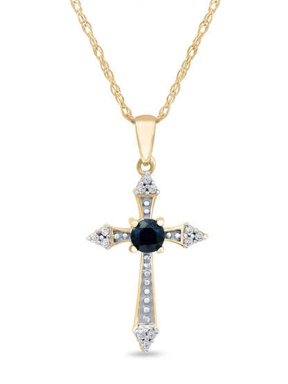 Gemstone 10K Yellow Gold round Cut Blue Sapphire Diamond Accent Cross Necklace