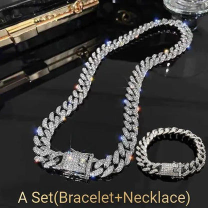A Set(Bracelet+Necklace) 13MM Width Cuban Link Chain Gold Silver Plated Bling Miami Cuban Necklace Bracelet Diamond Chain for Fashion Men and Women Iced Out Hip Hop Jewelry Set - WORLD TIME VISITS