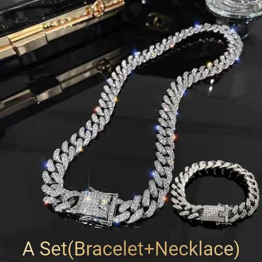 A Set(Bracelet+Necklace) 13MM Width Cuban Link Chain Gold Silver Plated Bling Miami Cuban Necklace Bracelet Diamond Chain for Fashion Men and Women Iced Out Hip Hop Jewelry Set - WORLD TIME VISITS