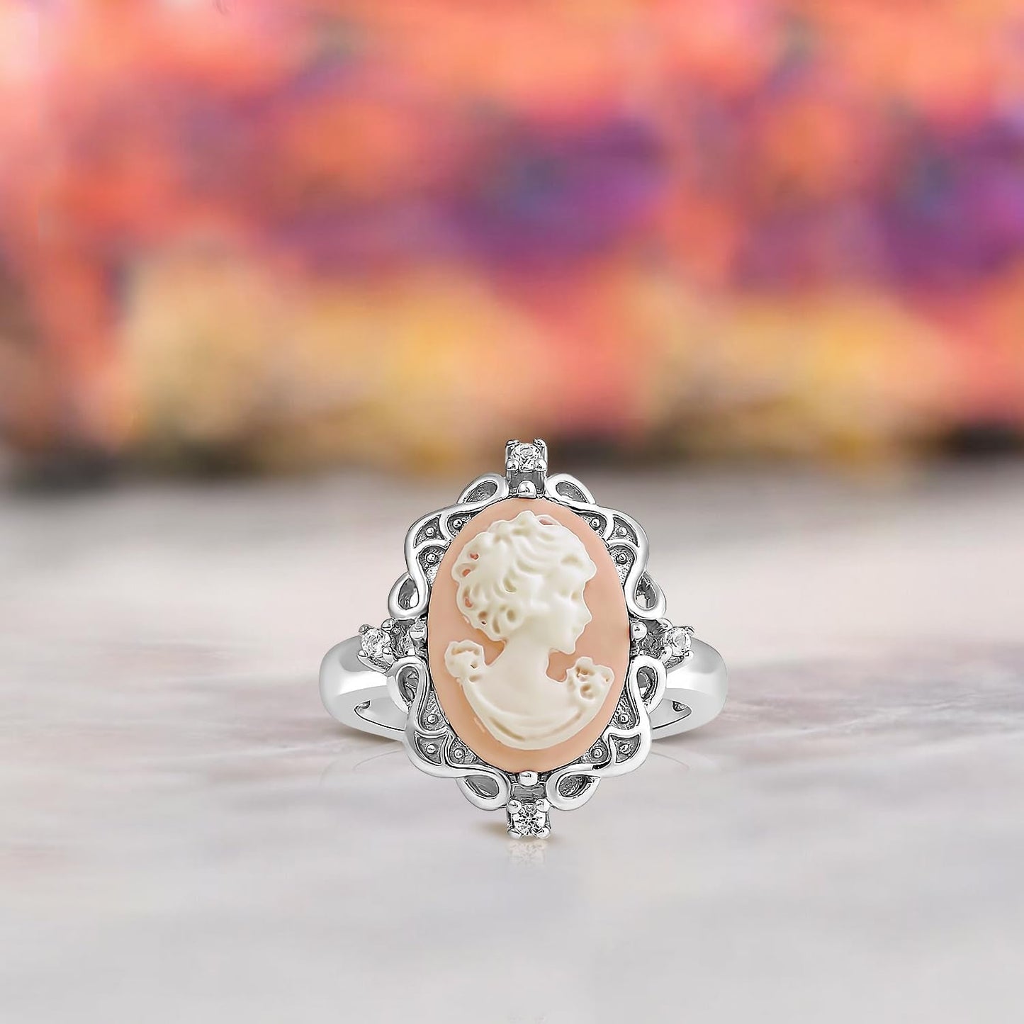 Pink or Blue Agate Cameo Ring in Sterling Silver with round Created White Sapphire